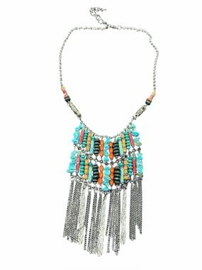 Boho Turquoise & Orange Beaded Fringe Silver Bib Necklace Statement Jewelry